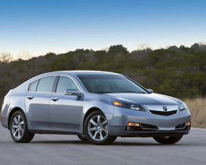 Превью обои acura, tl, 2011, голубой, вид сбоку, стиль, авто, акура, природа, деревья, небо, асфальт