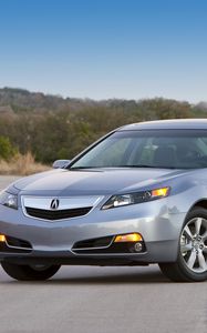 Превью обои acura, tl, 2011, голубой металлик, вид сбоку, стиль, авто, асфальт, природа, деревья