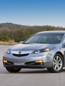 Превью обои acura, tl, 2011, голубой металлик, вид сбоку, стиль, авто, асфальт, природа, деревья