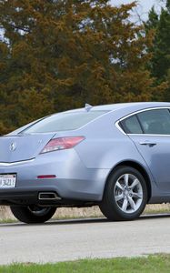 Превью обои acura, tl, 2011, голубой, вид сбоку, стиль, авто, акура, трава, деревья, асфальт