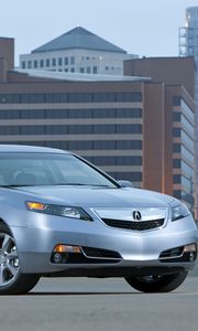 Превью обои acura, tl, 2011, голубой металлик, вид сбоку, стиль, акура, авто, асфальт, здание