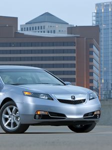 Превью обои acura, tl, 2011, голубой металлик, вид сбоку, стиль, акура, авто, асфальт, здание