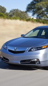 Превью обои acura, tl, 2011, серебряный металлик, вид спереди, стиль, авто, акура, скорость, природа, асфальт, деревья