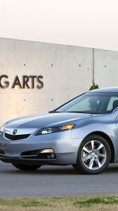 Превью обои acura, tl, 2011, голубой, вид сбоку, стиль, акура, авто, асфальт, здание, трава