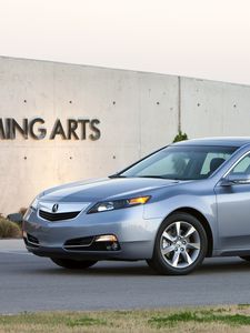 Превью обои acura, tl, 2011, голубой, вид сбоку, стиль, акура, авто, асфальт, здание, трава