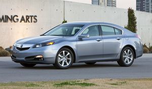 Превью обои acura, tl, 2011, голубой, вид сбоку, стиль, акура, авто, асфальт, здание, трава