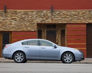 Превью обои acura, tl, 2011, голубой металлик, вид сбоку, стиль, авто, акура, здание, асфальт