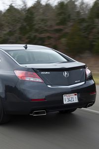 Превью обои acura, tl, 2011, черный, вид сзади, стиль, акура, авто, скорость, деревья, трава, асфальт