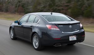 Превью обои acura, tl, 2011, черный, вид сзади, стиль, акура, авто, скорость, деревья, трава, асфальт