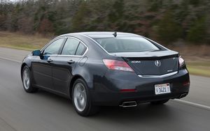 Превью обои acura, tl, 2011, черный, вид сзади, стиль, акура, авто, скорость, деревья, трава, асфальт