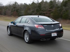 Превью обои acura, tl, 2011, черный, вид сзади, стиль, акура, авто, скорость, деревья, трава, асфальт