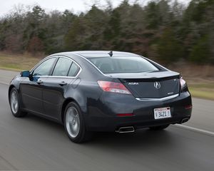 Превью обои acura, tl, 2011, черный, вид сзади, стиль, акура, авто, скорость, деревья, трава, асфальт