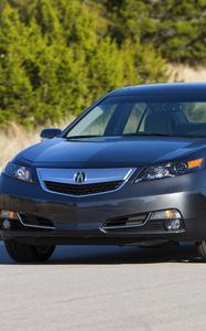 Превью обои acura, tl, 2011, синий, вид спереди, стиль, авто, природа, деревья, асфальт