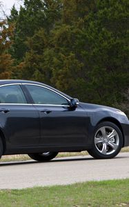 Превью обои acura, tl, 2011, синий, вид сбоку, стиль, авто, акура, деревья, асфальт, трава