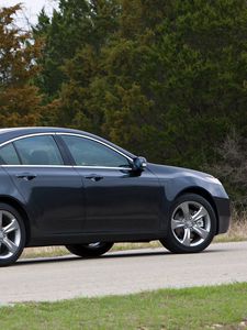 Превью обои acura, tl, 2011, синий, вид сбоку, стиль, авто, акура, деревья, асфальт, трава