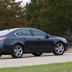 Превью обои acura, tl, 2011, синий, вид сбоку, стиль, авто, акура, деревья, асфальт, трава