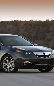 Превью обои acura, tl, 2011, синий, вид сбоку, стиль, авто, акура, закат, деревья, асфальт