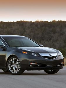 Превью обои acura, tl, 2011, синий, вид сбоку, стиль, авто, акура, закат, деревья, асфальт