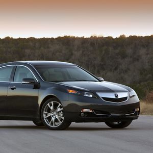 Превью обои acura, tl, 2011, синий, вид сбоку, стиль, авто, акура, закат, деревья, асфальт