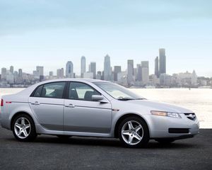 Превью обои acura, tl, серебряный металлик, стиль, авто, акура, город, небо, море