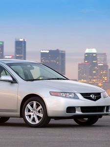 Превью обои acura, tsx, 2003, белый, вид сбоку, стиль, авто, акура, город, огни, асфальт