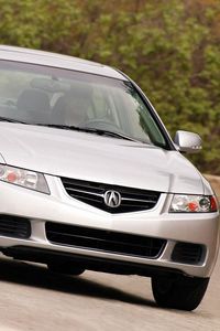 Превью обои acura, tsx, 2003, серебряный металлик, вид спереди, стиль, акура, авто, скорость, асфальт, деревья