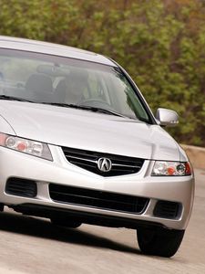 Превью обои acura, tsx, 2003, серебряный металлик, вид спереди, стиль, акура, авто, скорость, асфальт, деревья