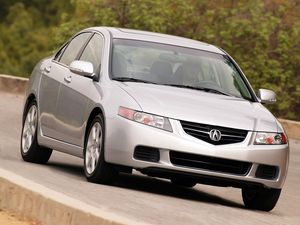 Превью обои acura, tsx, 2003, серебряный металлик, вид спереди, стиль, акура, авто, скорость, асфальт, деревья