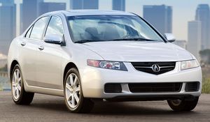 Превью обои acura tsx, 2003, белый, вид спереди, стиль, авто, акура, здания, асфальт