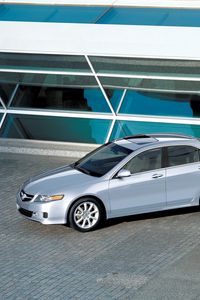 Превью обои acura, tsx, 2006, серебряный металлик, вид сверху, стиль, авто, акура, здание