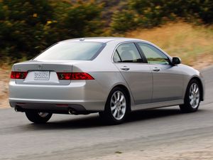 Превью обои acura, tsx, 2006, серебряный металлик, вид сзади, стиль, авто, акура, скорость, кустарники, трава, асфальт