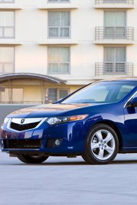 Превью обои acura, tsx, 2008, синий, вид сбоку, стиль, авто, акура, здание, асфальт