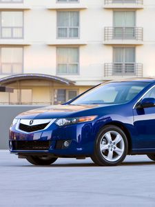 Превью обои acura, tsx, 2008, синий, вид сбоку, стиль, авто, акура, здание, асфальт