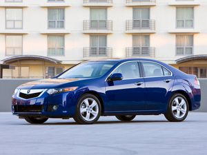 Превью обои acura, tsx, 2008, синий, вид сбоку, стиль, авто, акура, здание, асфальт