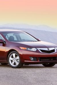 Превью обои acura, tsx, 2008, красный, вид сбоку, стиль, авто, акура, горы, асфальт