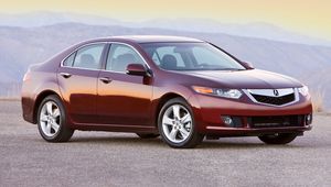 Превью обои acura, tsx, 2008, красный, вид сбоку, стиль, авто, акура, горы, асфальт