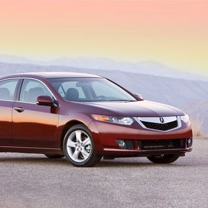 Превью обои acura, tsx, 2008, красный, вид сбоку, стиль, авто, акура, горы, асфальт