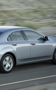 Превью обои acura, tsx, 2010, серый металлик, вид сбоку, стиль, авто, акура, скорость, природа, асфальт