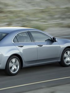 Превью обои acura, tsx, 2010, серый металлик, вид сбоку, стиль, авто, акура, скорость, природа, асфальт