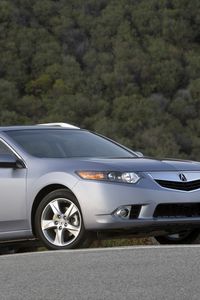 Превью обои acura, tsx, 2010, серый металлик, вид сбоку, стиль, авто, акура, деревья, асфальт