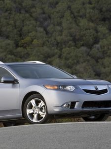 Превью обои acura, tsx, 2010, серый металлик, вид сбоку, стиль, авто, акура, деревья, асфальт