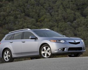 Превью обои acura, tsx, 2010, серый металлик, вид сбоку, стиль, авто, акура, деревья, асфальт