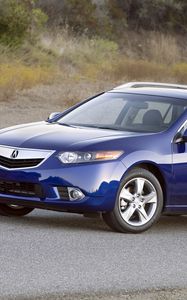 Превью обои acura, tsx, 2010, синий, вид сбоку, стиль, авто, акура, природа, трава, асфальт