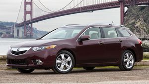 Превью обои acura, tsx, 2010, вишневый, вид сбоку, стиль, авто, акура, мост, вода, трава, гравий