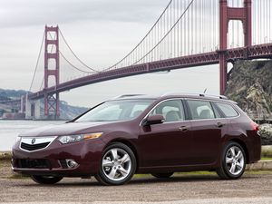 Превью обои acura, tsx, 2010, вишневый, вид сбоку, стиль, авто, акура, мост, вода, трава, гравий