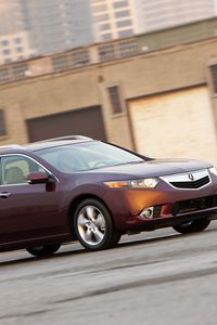 Превью обои acura, tsx, 2010, вишневый, вид сбоку, стиль, авто, акура, скорость, здание, асфальт