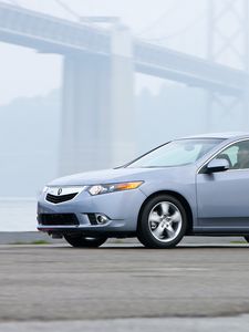 Превью обои acura, tsx, 2010, голубой, вид сбоку, стиль, авто, акура, скорость, туман, мост, асфальт