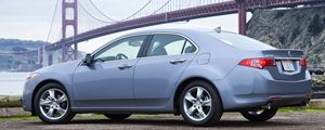 Превью обои acura, tsx, 2010, голубой, вид сбоку, стиль, авто, акура, мост