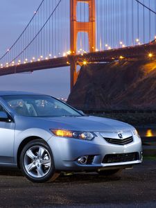 Превью обои acura, tsx, 2010, голубой, вид сбоку, стиль, авто, акура, огни, мост, река