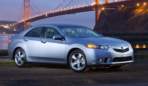 Превью обои acura, tsx, 2010, голубой, вид сбоку, стиль, авто, акура, огни, мост, река